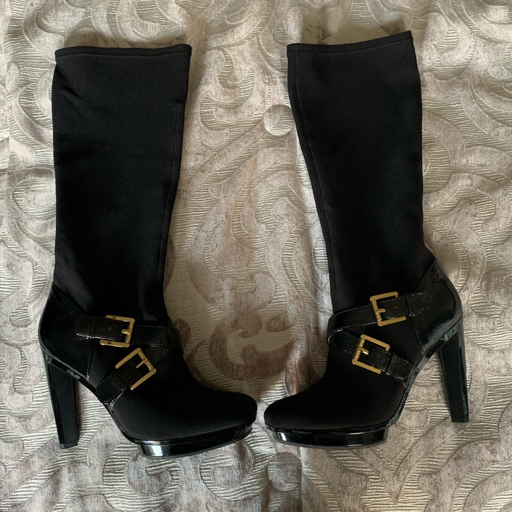 Michael Kors Black stretch heels knee high boots with gold buckle (7.5)